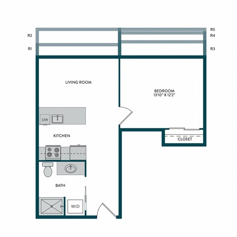 Floor plan for 1 bed, 1 bath, 573 sqft